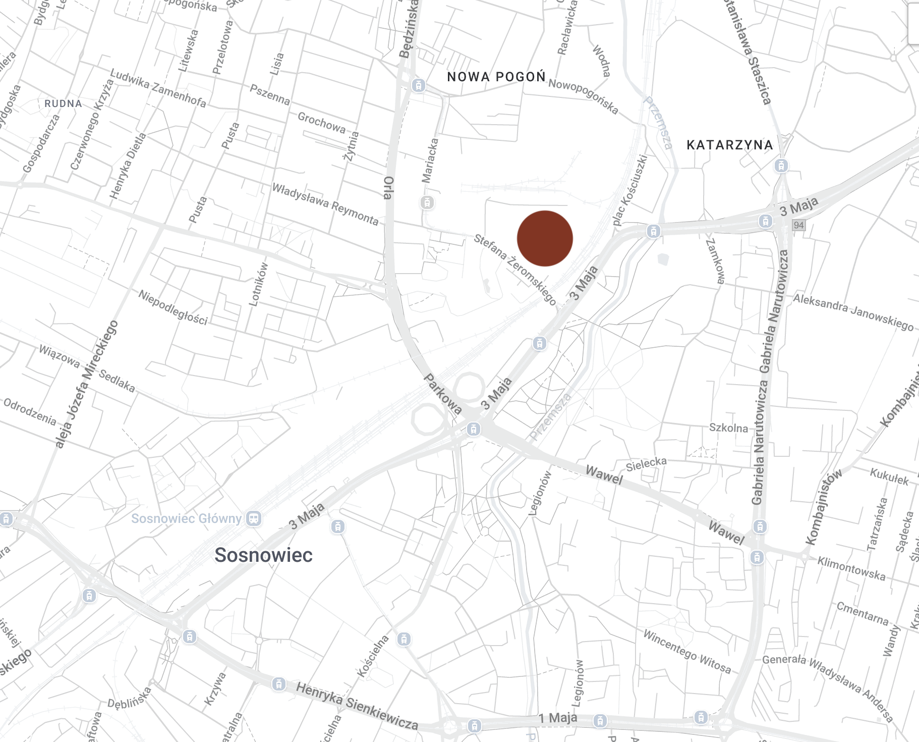 Mapa Sosnowca z zaznaczoną lokalizacją inwestycji Przędzalnia Dietla